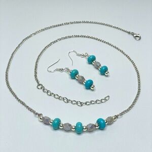 Artisan Turquoise Howlite Gray Crystal Beaded Bar Chain Necklace Earrings Set